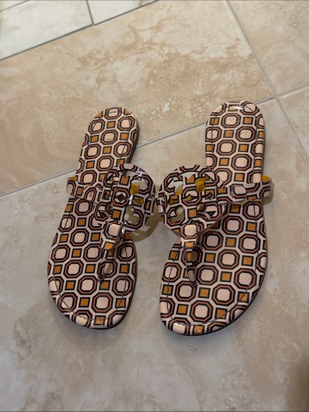 Tory Burch Miller Sandals - Geometric Print Slide Sandals - Tan / Pink / Orange